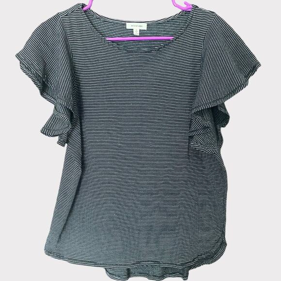 Max Studio Small Striped Short Flutter Sleeve Black White Cotton Poly Stretch - Picture 1 of 7